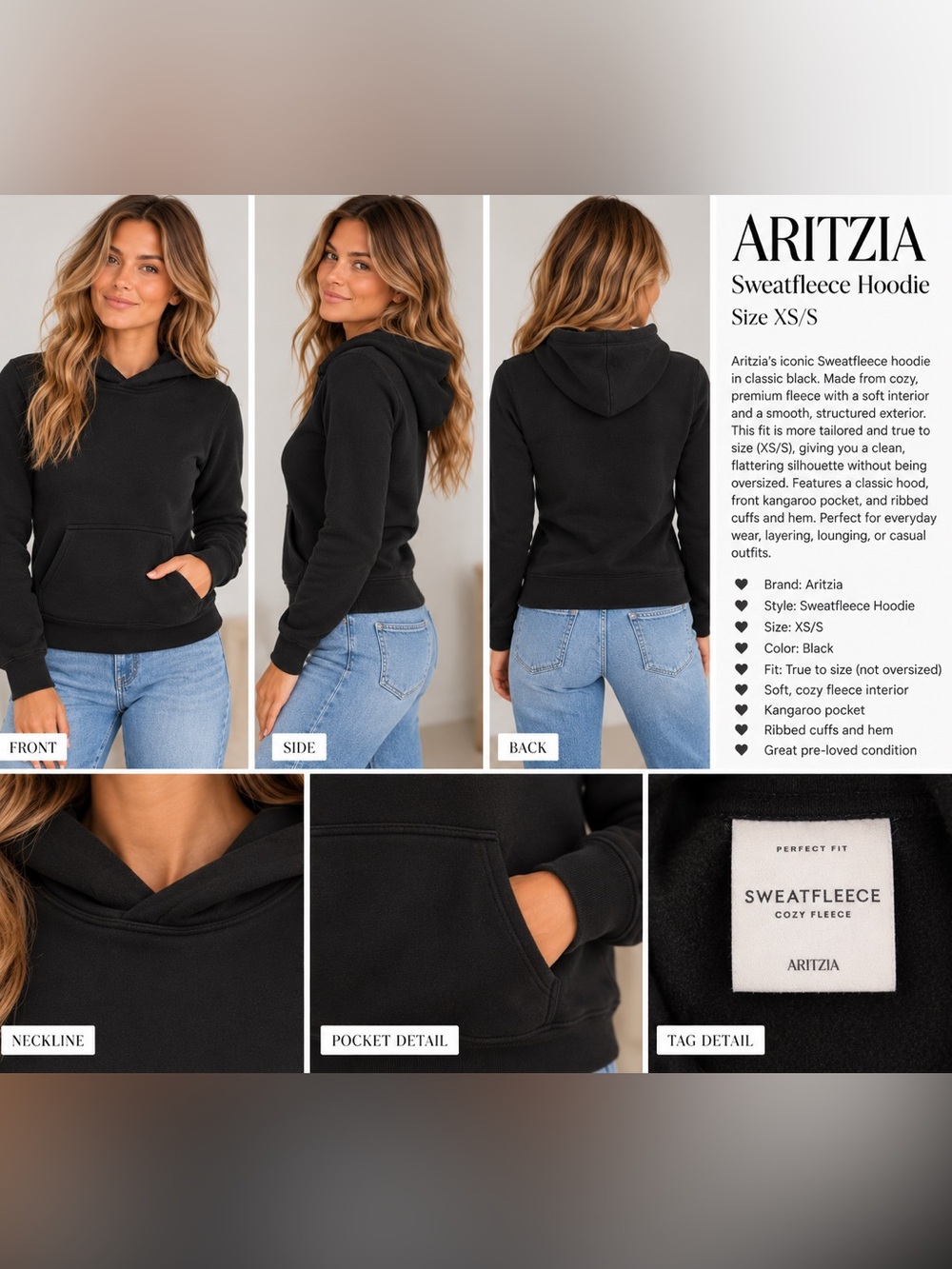 Aritzia Perfect Fit Hooded Pullover Sweatshirt black sz Small